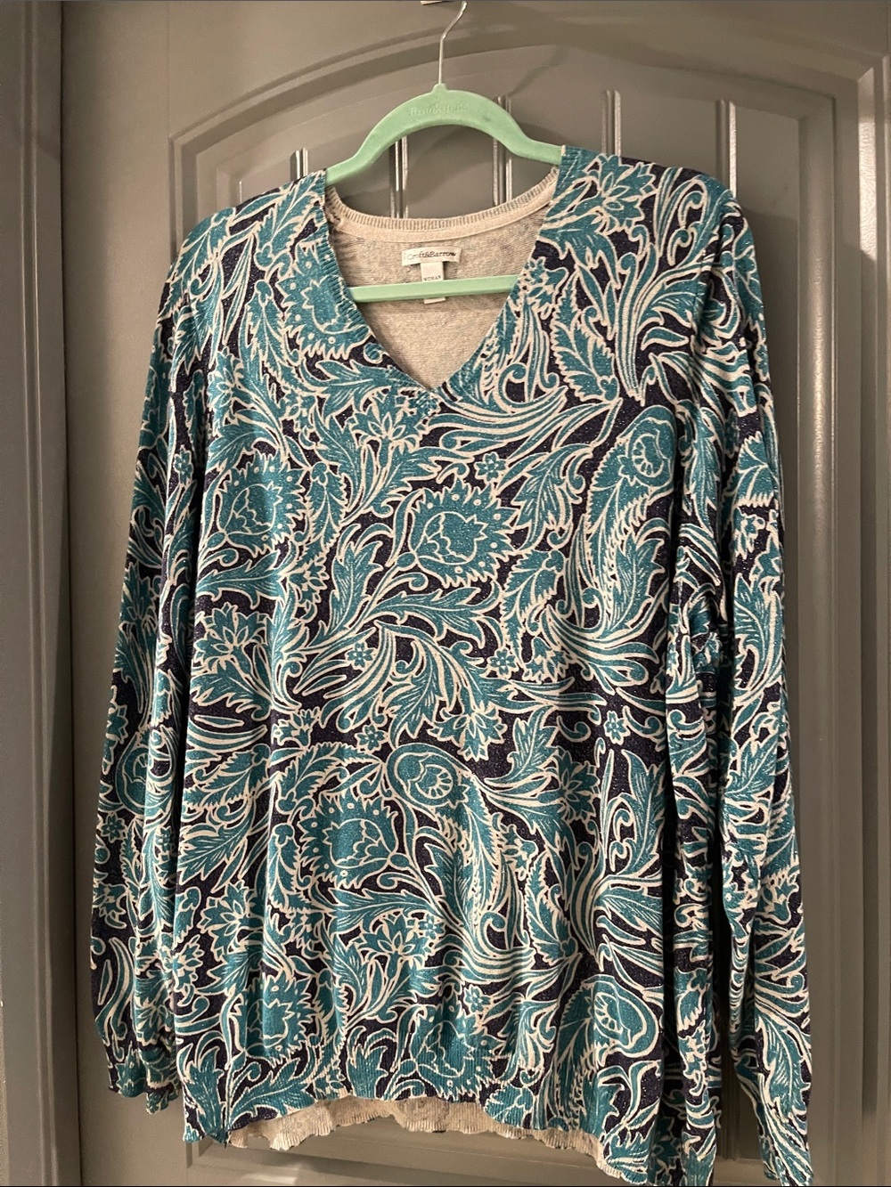 croft & barrow Teal and Navy Paisley V-Neck Sweater